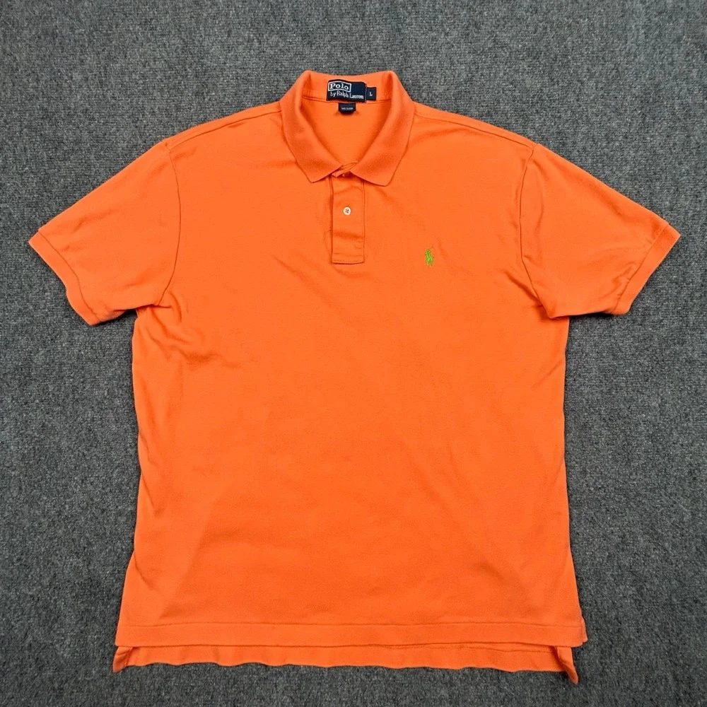 Polo Ralph Lauren Polo Shirt Mens L Orange Short Sleeve Green Pony Cotton Pique